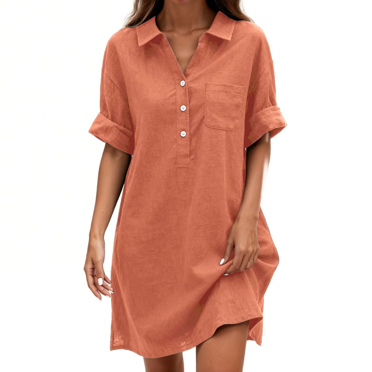 Women's Cotton Short Sleeve Midi Dress with Small Lapel Collar