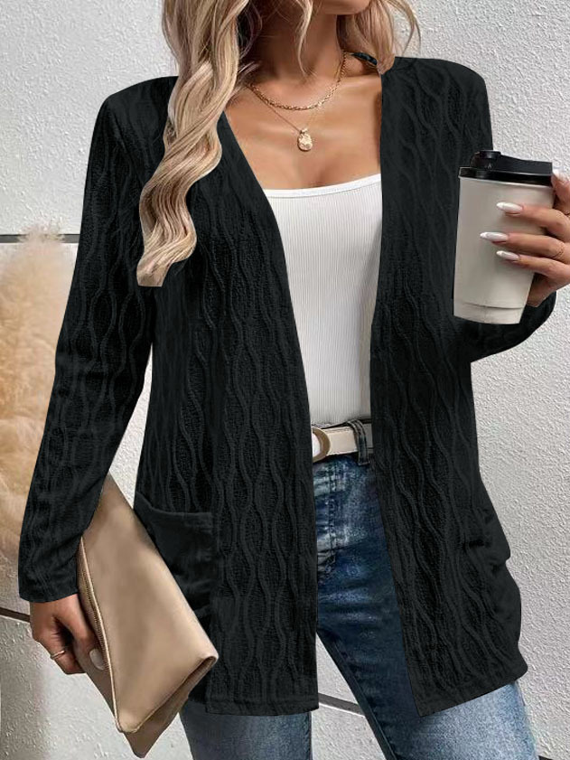 Women's Open-Front Knit Cardigan Long Sleeve Hollow-Out Solid Color