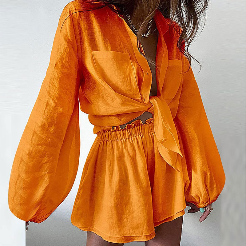 Women's Solid Ruffle Shirt and Shorts Casual Set
