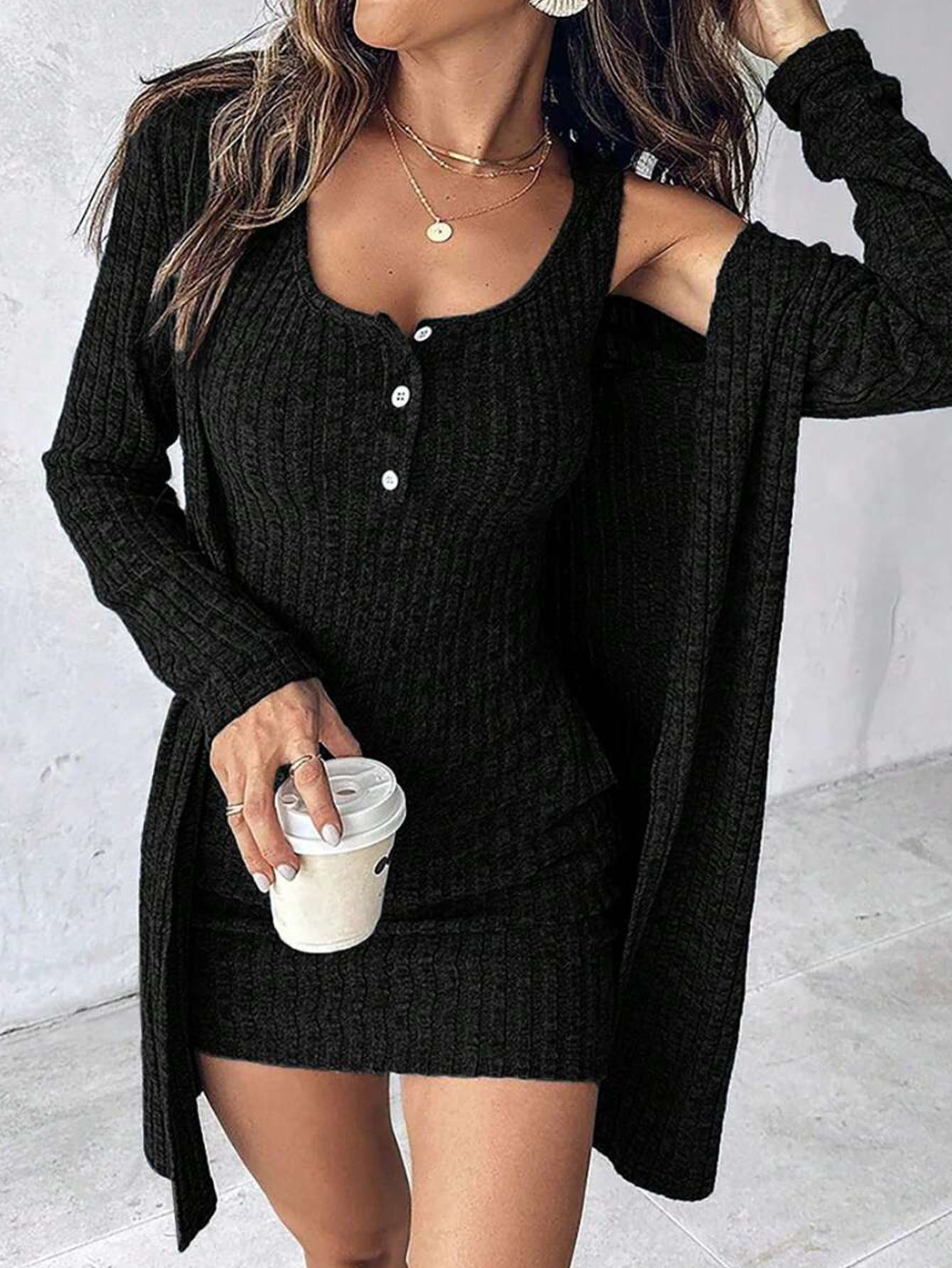 Women's Ribbed Knit Two-Piece Dress Set with Sleeveless Bodycon Cami Dress and Jacket