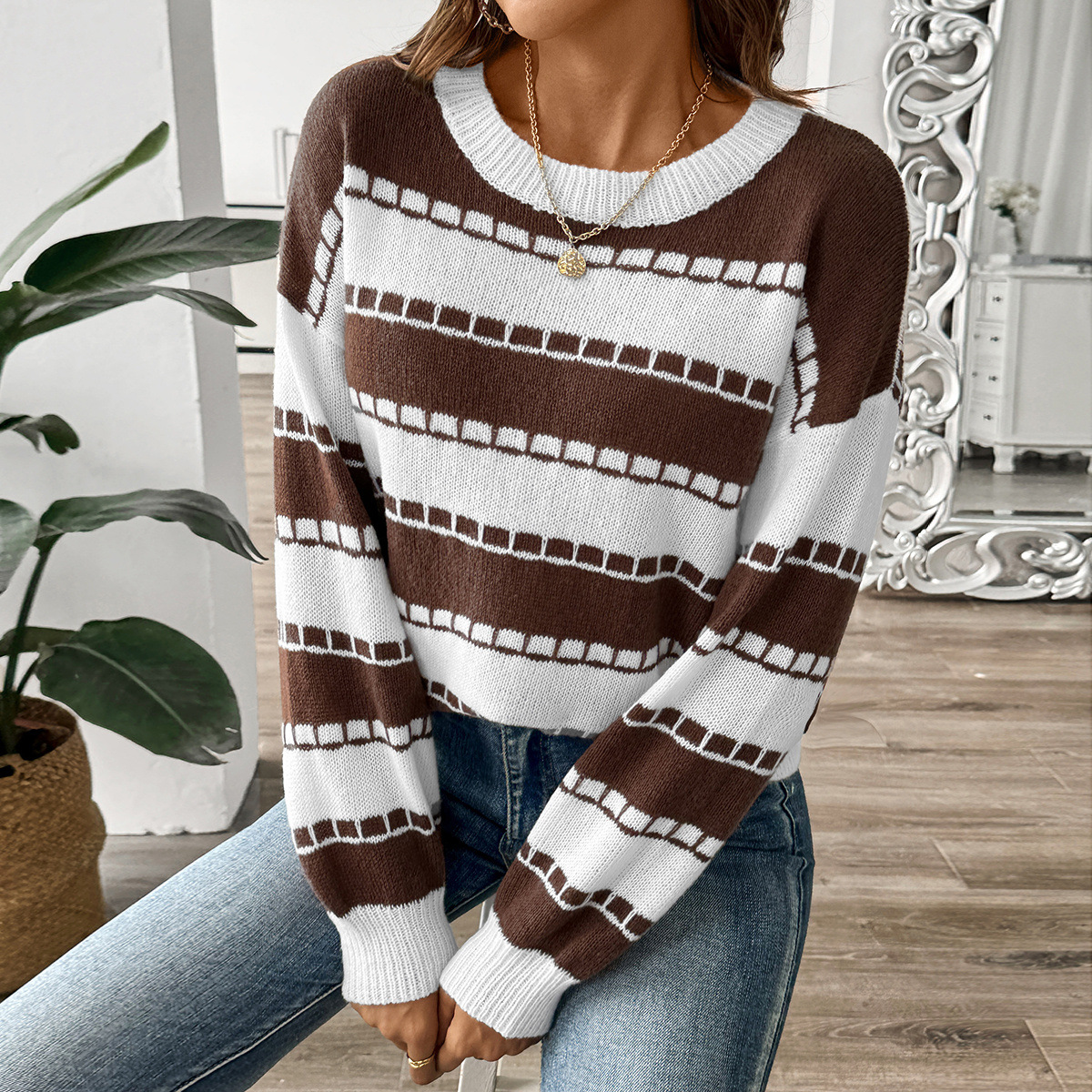 Striped Color-Block Knit Sweater, Long-Sleeve Pullover