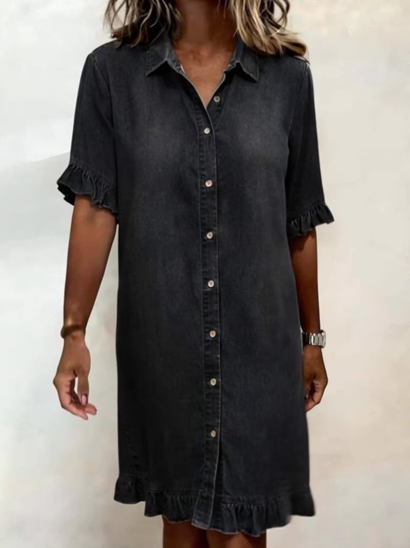 Women's Ruffle Cuff Loose Shirt Denim Dress