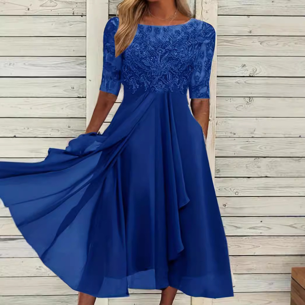 Women's Chiffon Lace Hollow-Out Long Dress Bridesmaid Evening Gown
