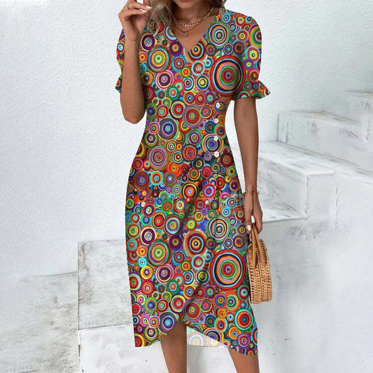 Geometric Patchwork Puff Sleeve Asymmetrical Hem Dress