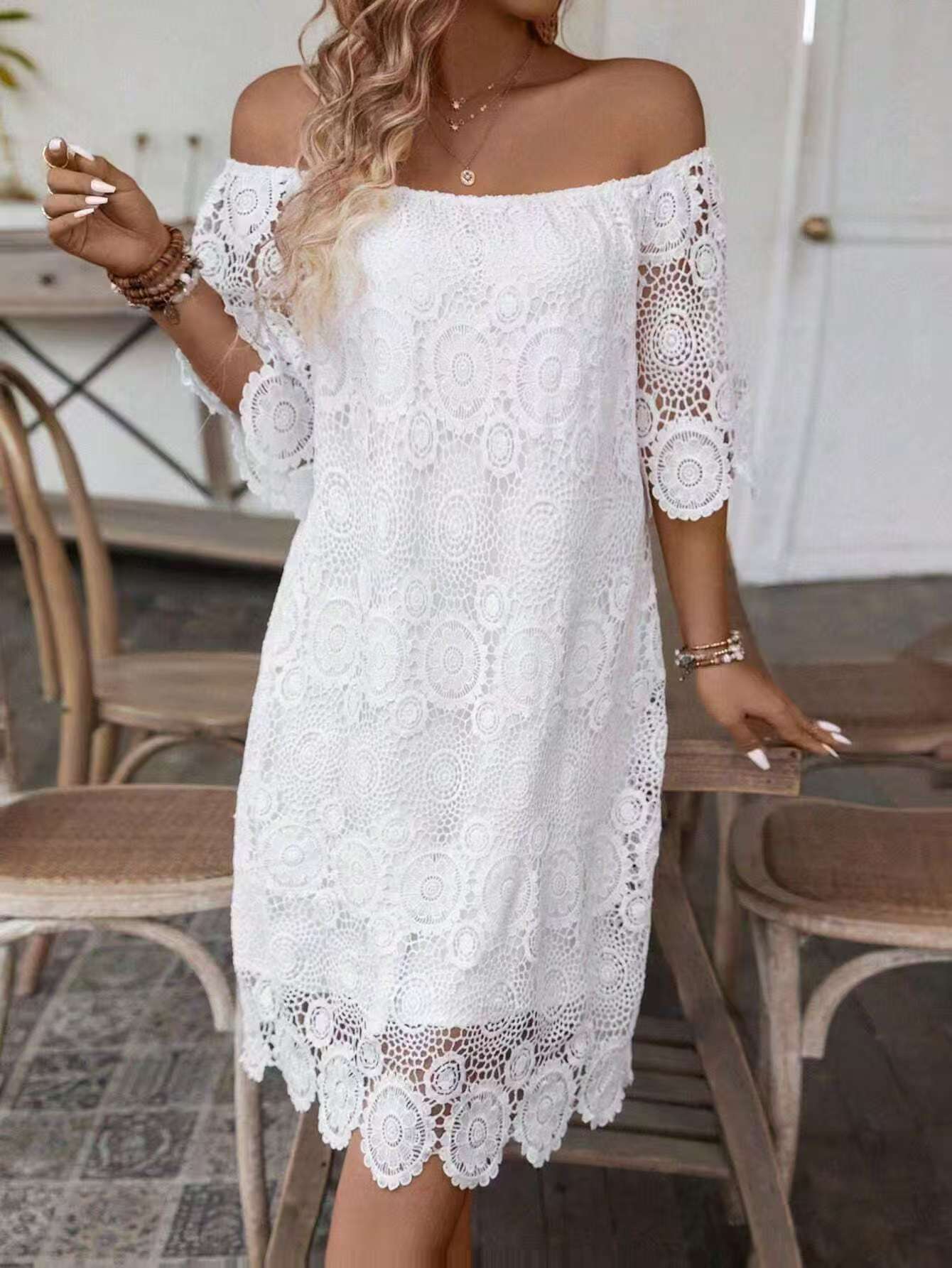 Women's Off-Shoulder Short Sleeve Lace Hollow Out Dress