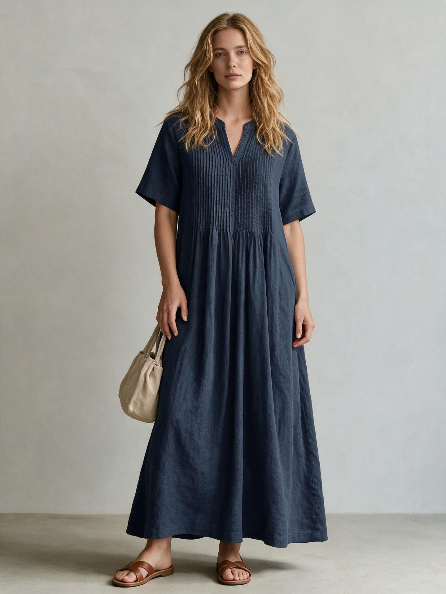 Women's V-Neck Short Sleeve Pleated Cotton Linen Midi Dress