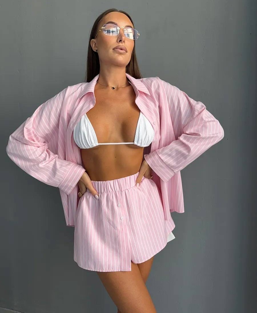 Striped Long Sleeve Shirt and High-Waist Shorts Two-Piece Set