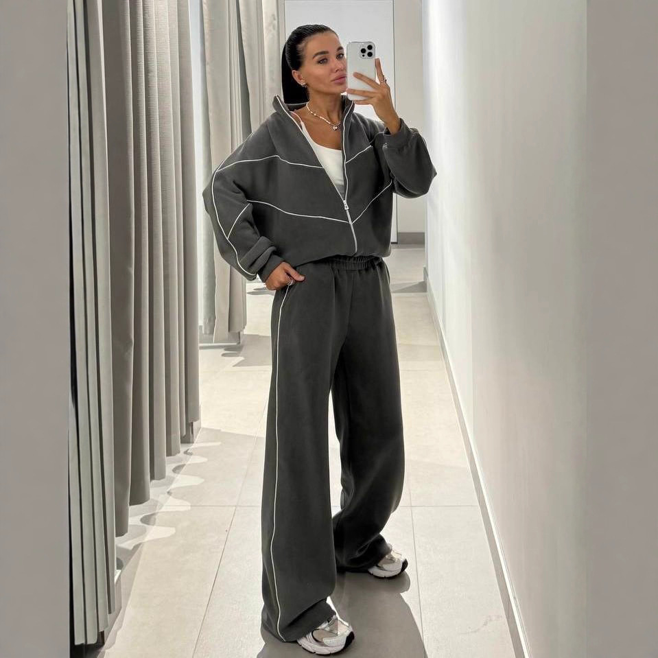 Women's Casual Two-Piece Set Long Sleeve Half-Turtleneck Cardigan Sweatshirt and Striped Pants