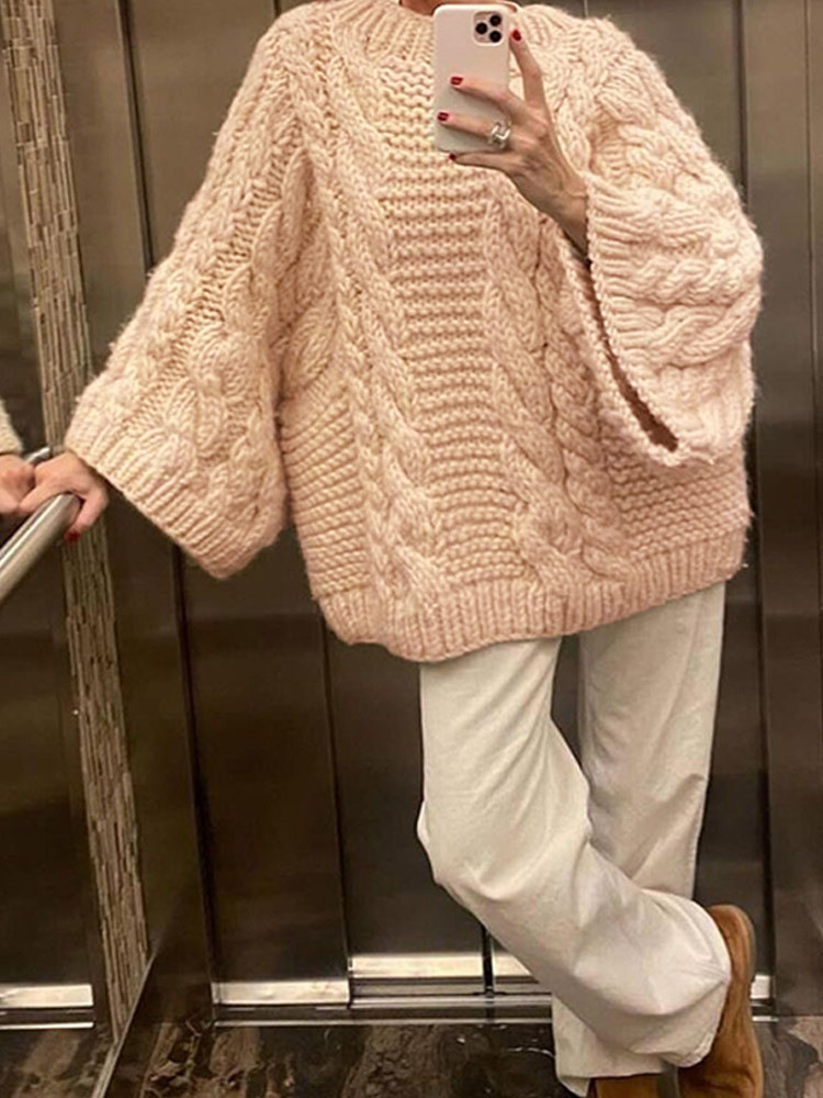 Women's Loose Crewneck Wide-Sleeve Knit Sweater Solid Color