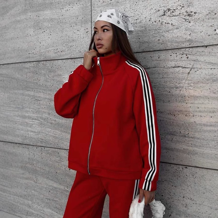 Women's Hooded Jacket & Wide-Leg Striped Pants Two-Piece Set