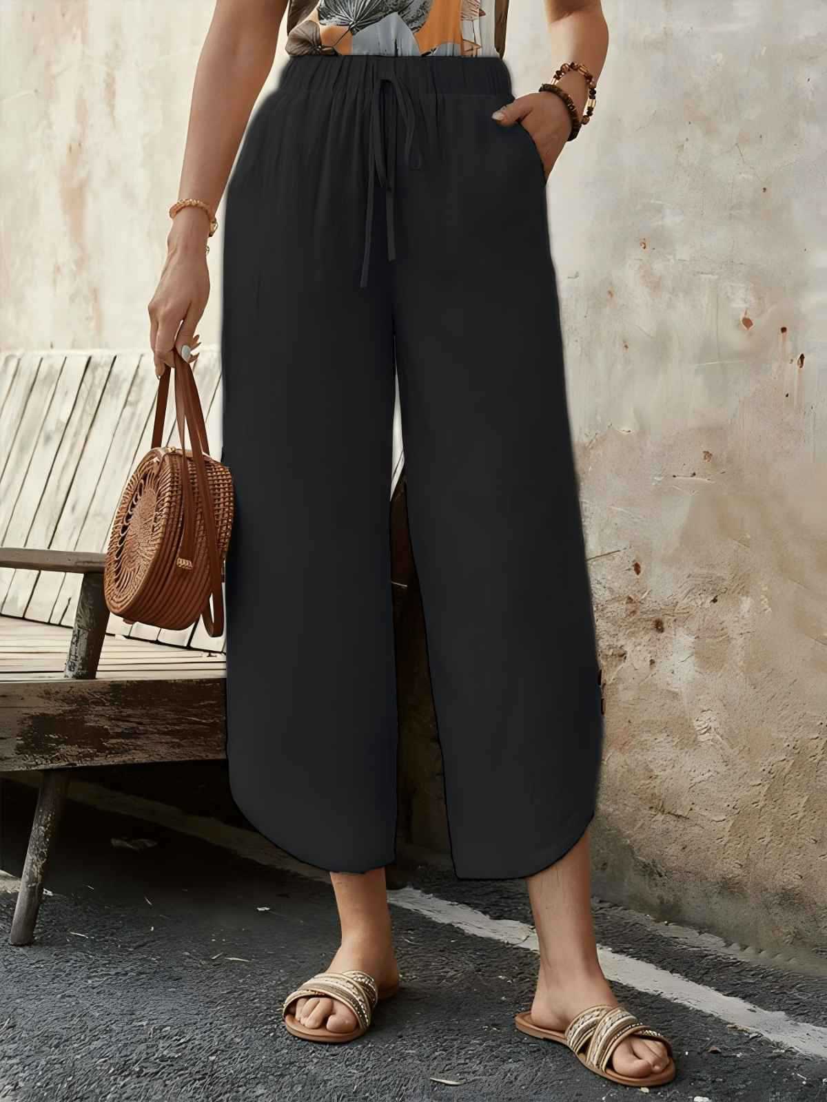 Women's Casual Cotton Linen High Waist Wide Leg Cropped Pants