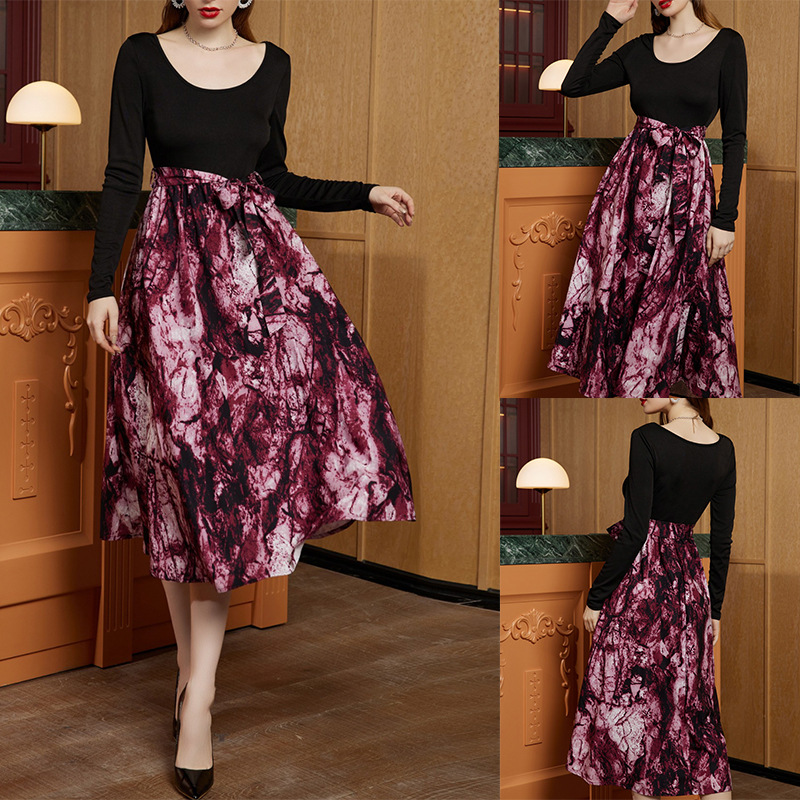 Women's Long Sleeve Floral Print Patchwork Dress