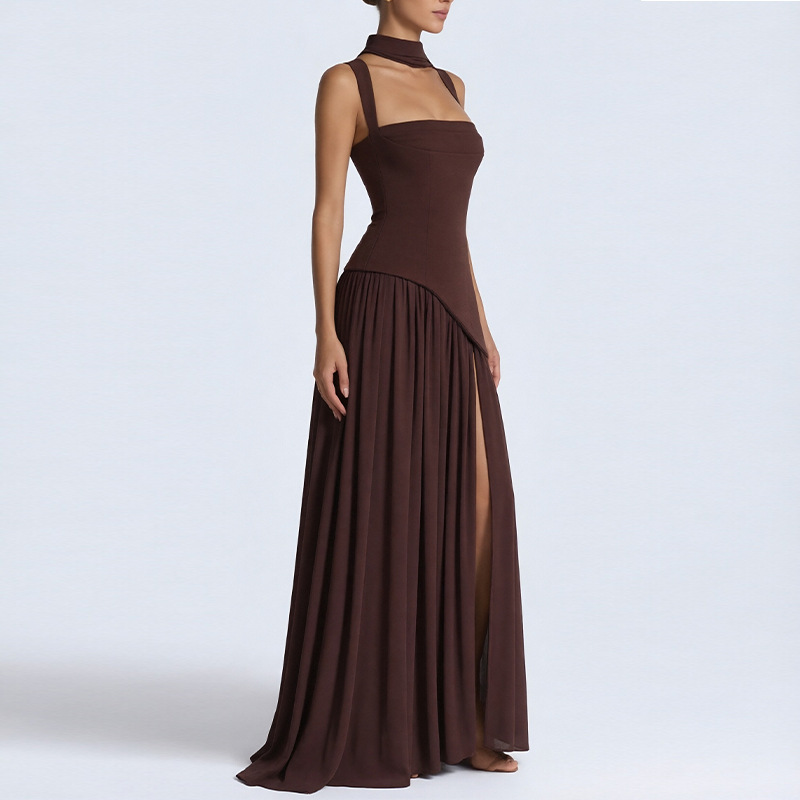 Elegant Slim-Fit Solid Color Waist-Cinched Split French Dress