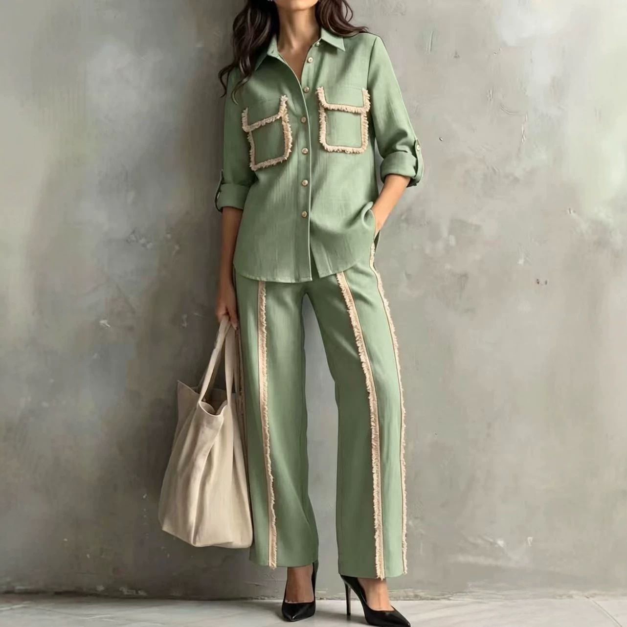 Minimalist Cropped Button Pocket Fringe Two-Piece Women's Set