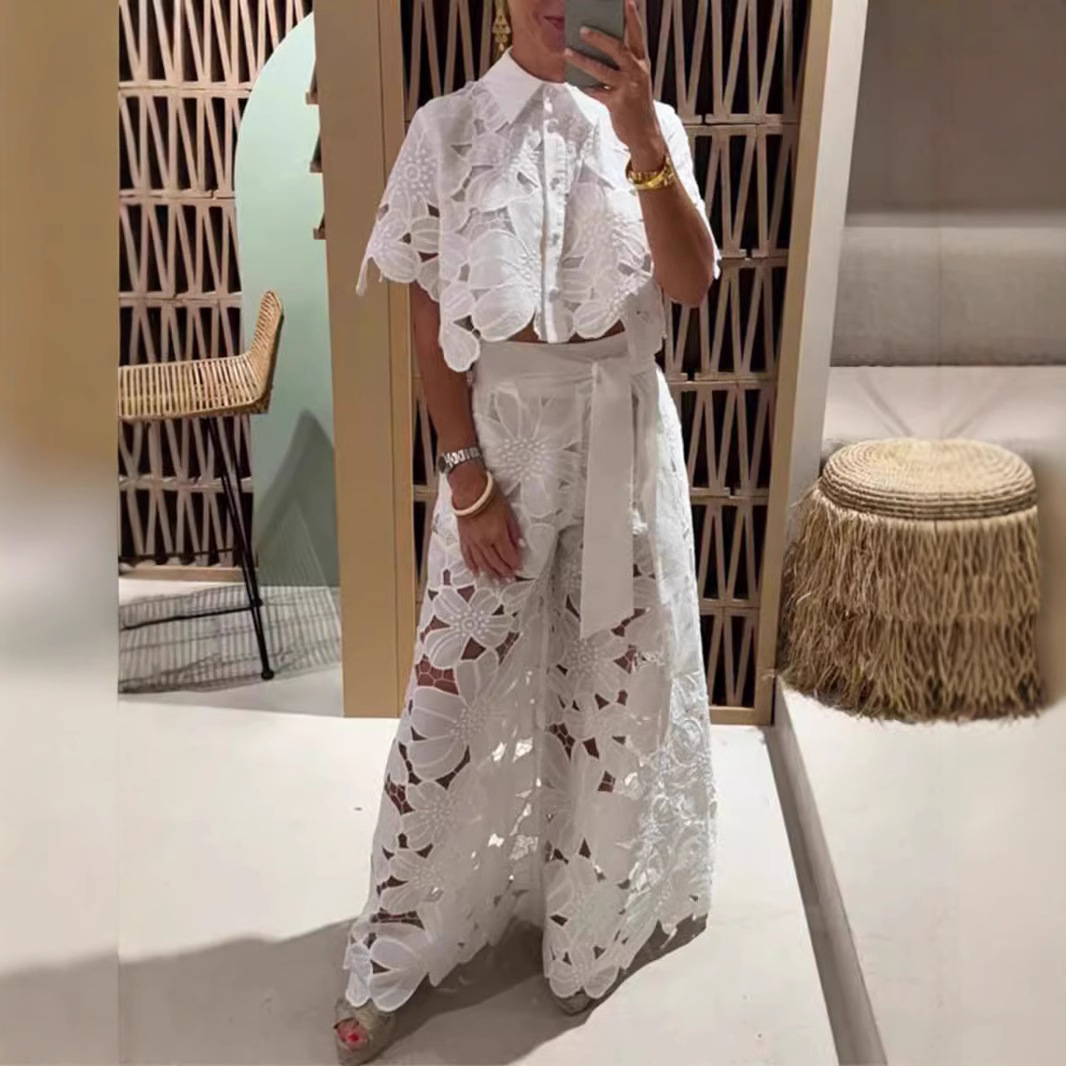 Women's Solid Color Cutout Cardigan and Wide-Leg Pants Two-Piece Set