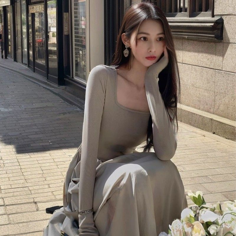 U-Neck Long-Sleeve A-Line Midi Dress with Cinched Waist