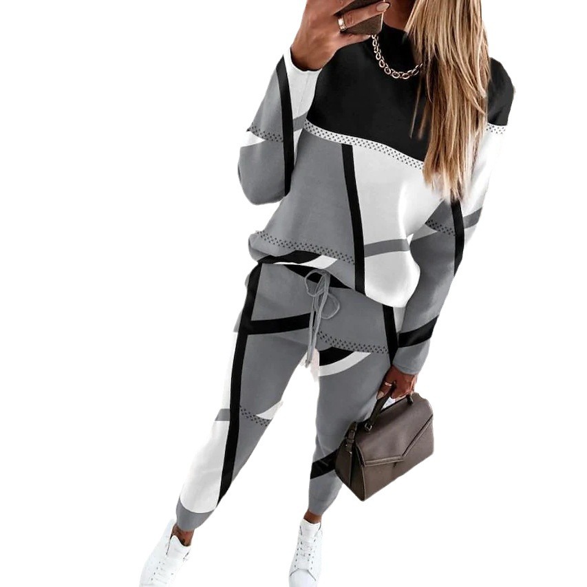 Women's Two-Piece Colorblock Print Long-Sleeve Crewneck Casual Set