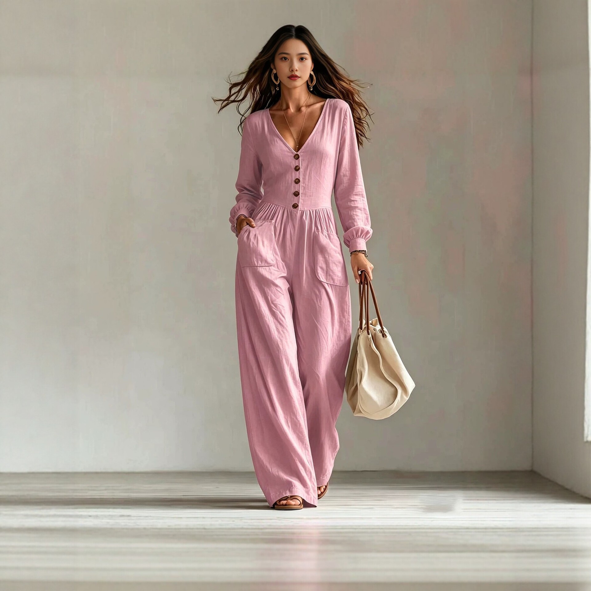 V-Neck Long-Sleeve Button Wide-Leg Jumpsuit Set