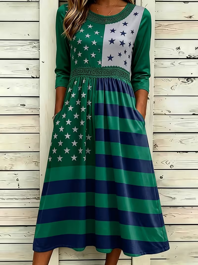 Women's Colorblock Plaid Star Print Ruched Midi Dress