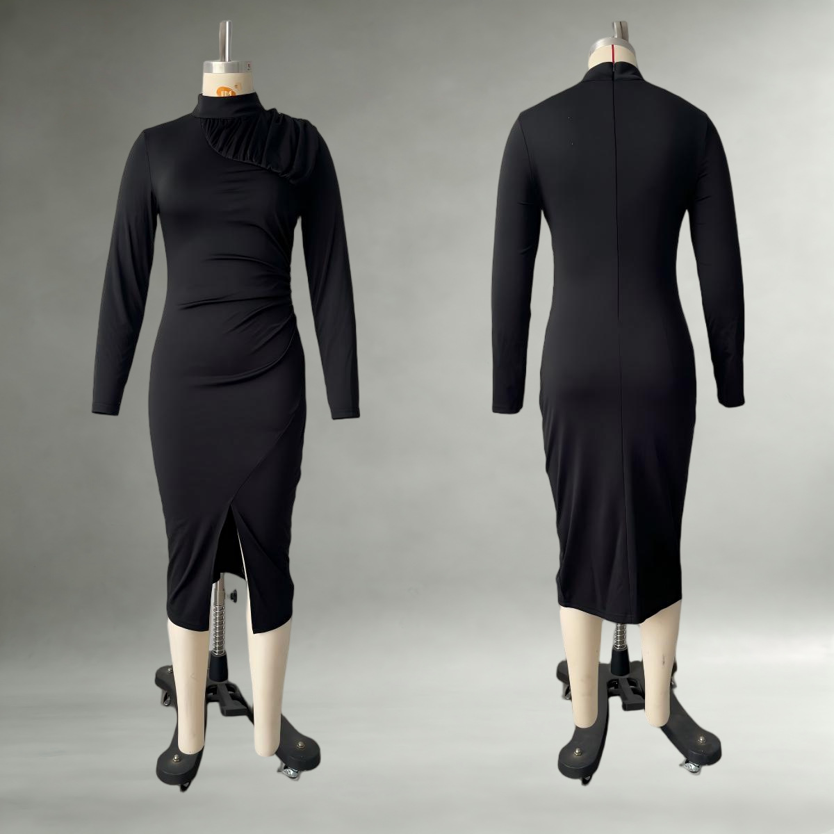 High Neck Ruched Long Sleeve Bodycon Midi Dress with Slit
