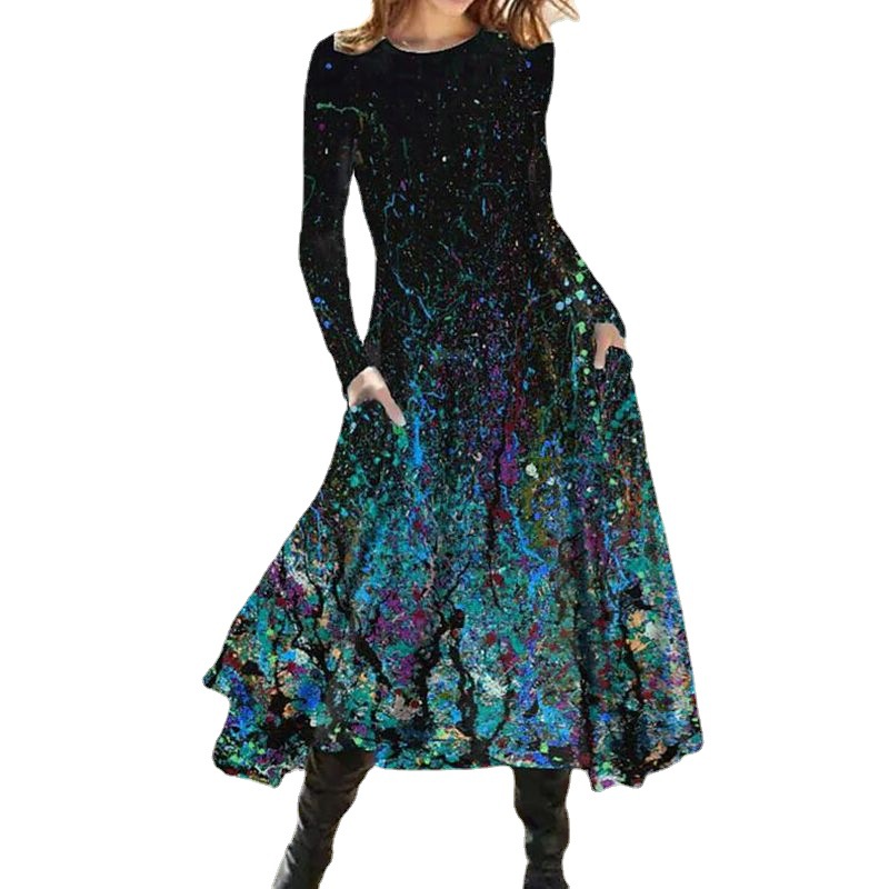Women's Gradient Print A-Line Midi Dress with Pockets Long Sleeve Crew Neck