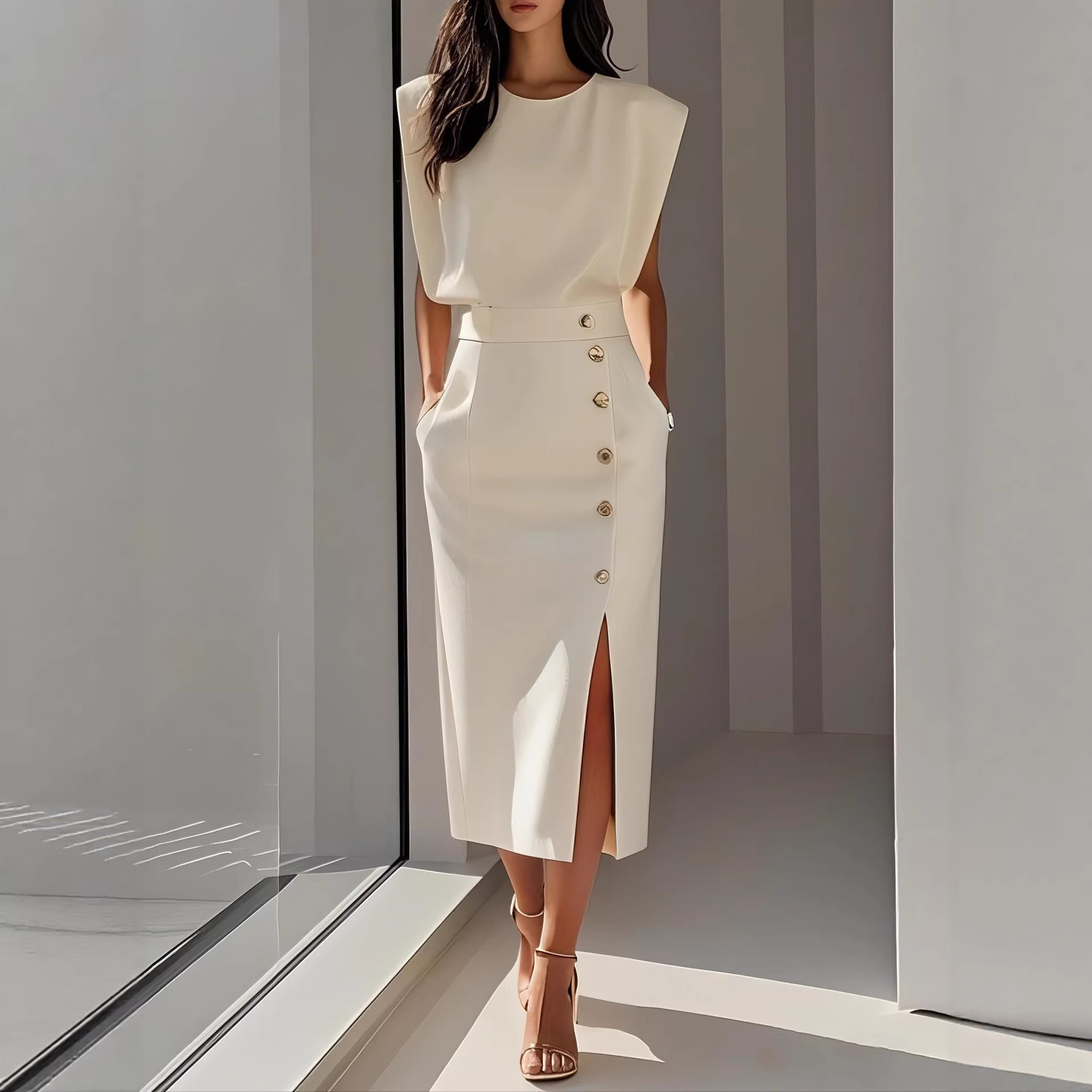 Women's Round Neck Sleeveless Button Slit Solid Midi Dress