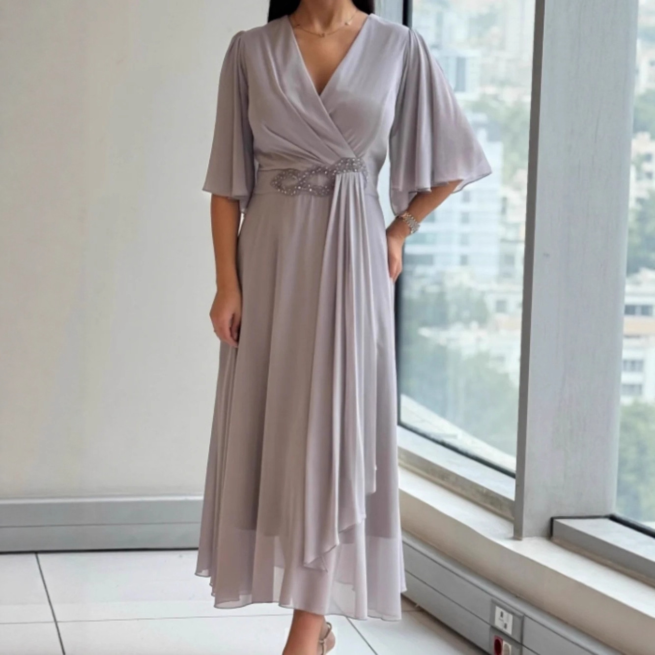Women's V-Neck Ruched Solid Color Midi Dress