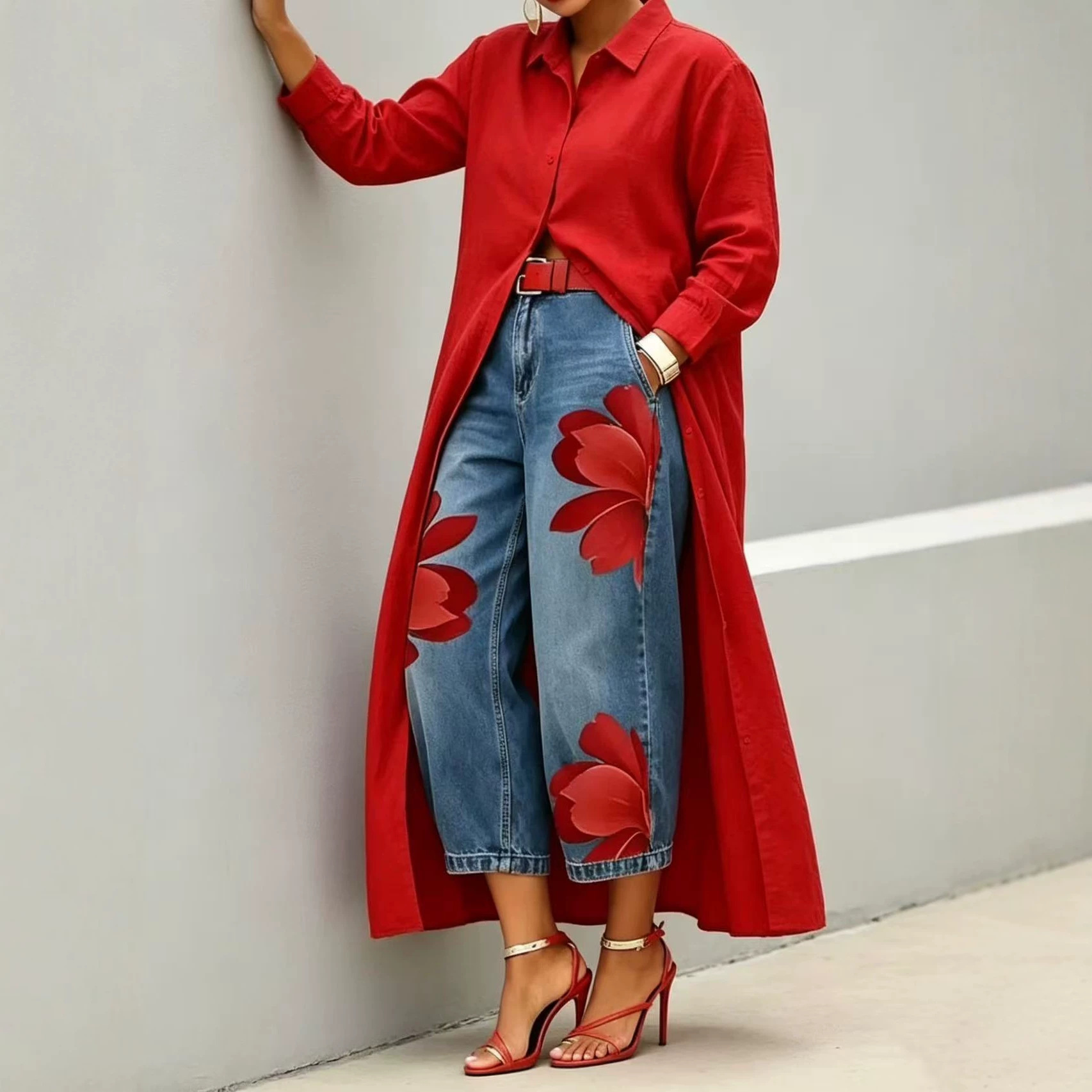 Yellow Long Shirt Jacket & Floral Wide-Leg Jeans Set
