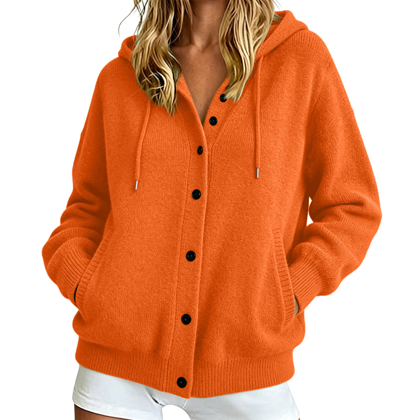 Button-Up Hooded Knit Cardigan Sweater, Solid Color Casual