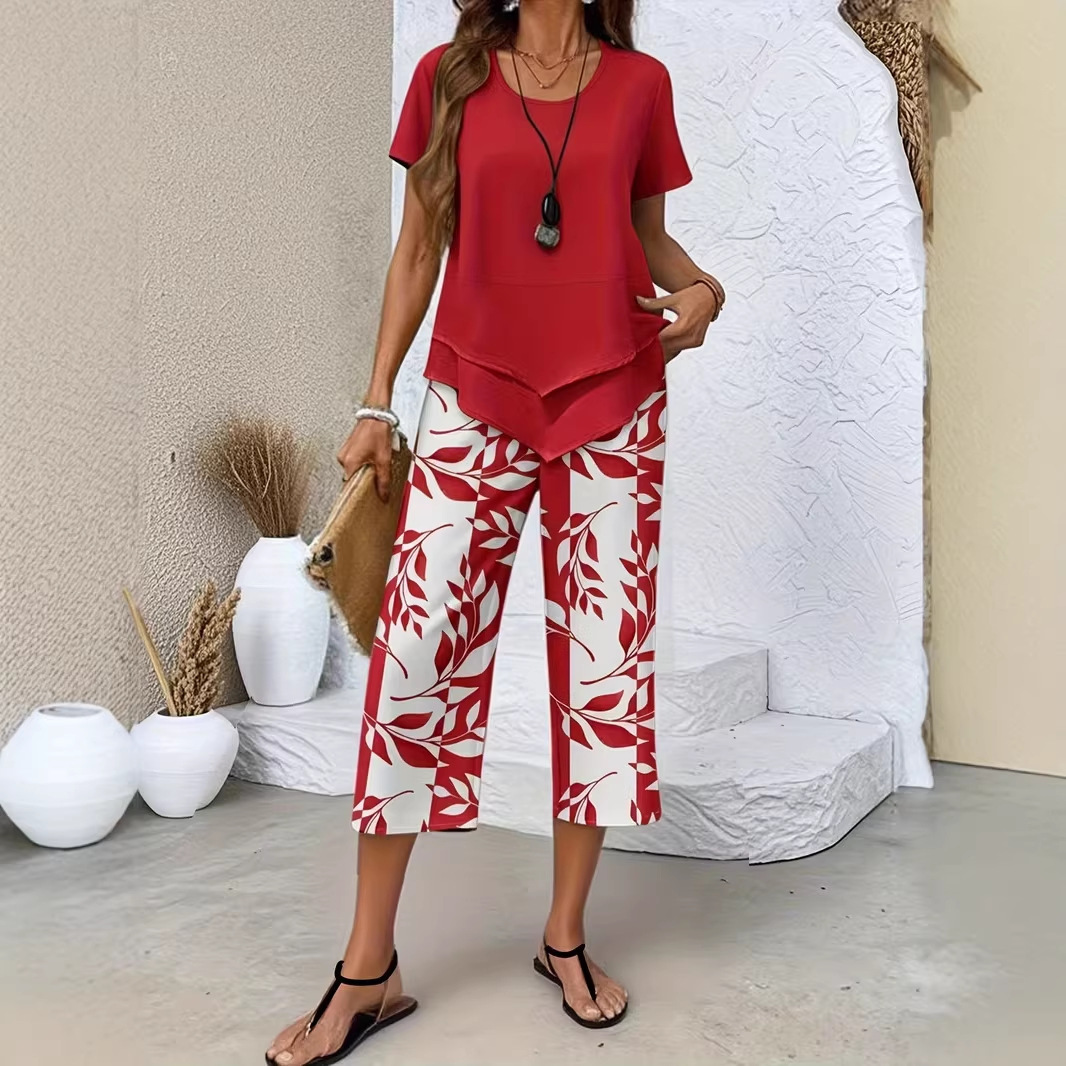 Women's Short Sleeve High Waist Wide Leg Pants Two-Piece Set