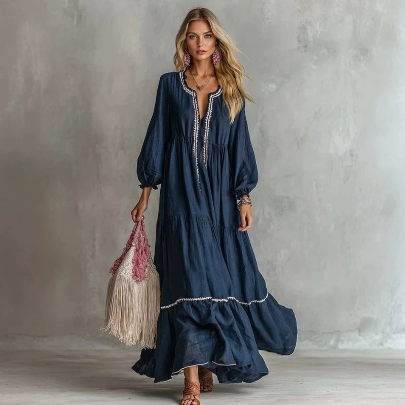 Retro Solid Color Long Dress Casual Loose Round Neck Nine-Tenth Sleeve Dark Blue