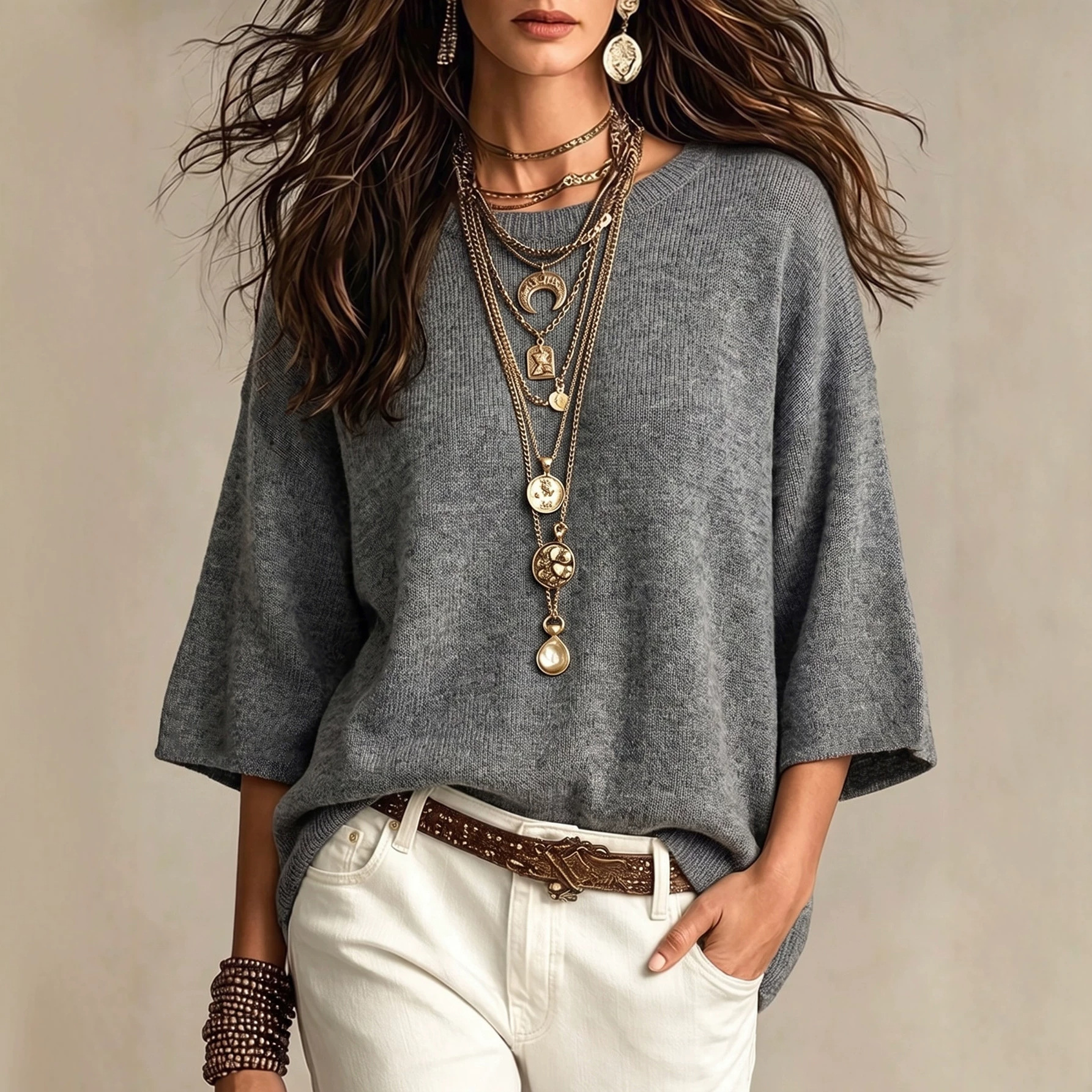 Women's Solid Knit Sweater Loose Wide Sleeve Round Neck Pullover
