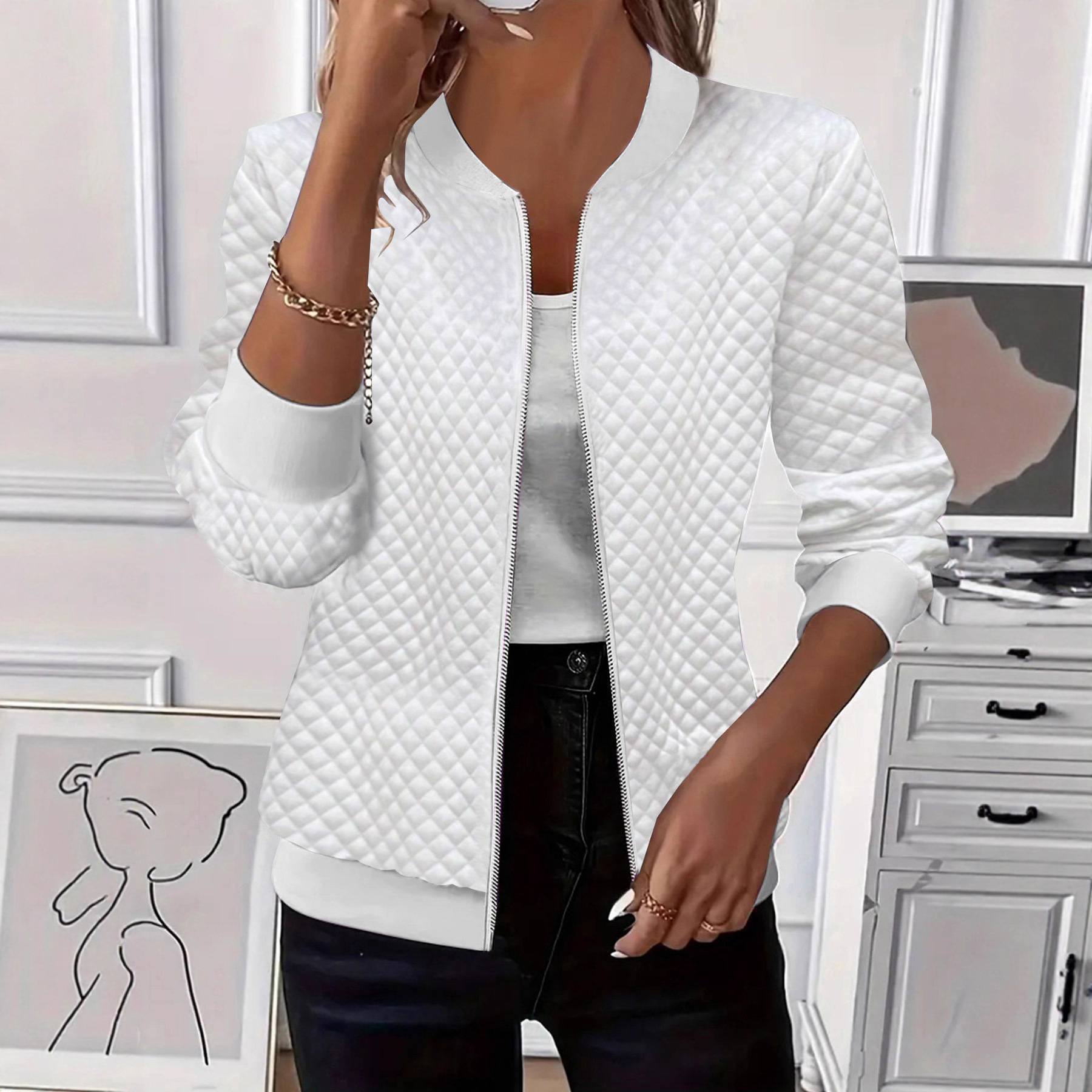 Women's Solid Color Long Sleeve Knit Zip Jacket