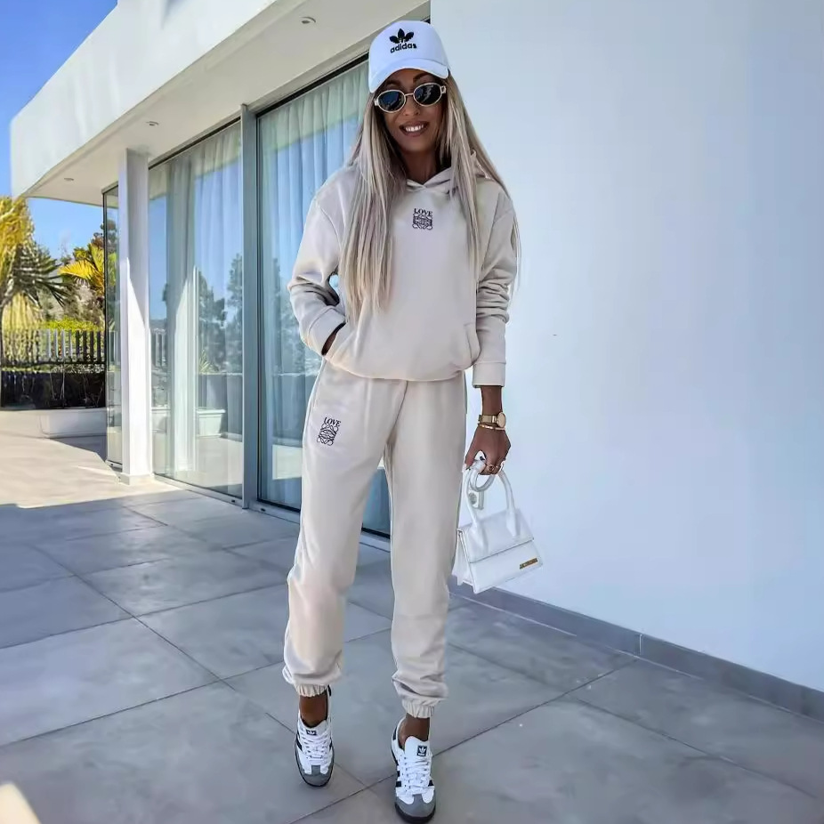 Casual Hooded Sweatshirt and Pants Set with Pockets, Solid Color