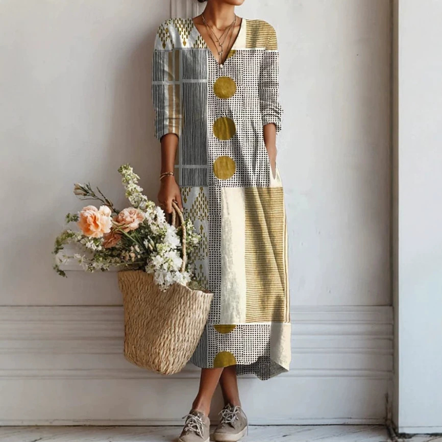 Geometric Print Linen-Blend Long Sleeve V-Neck Midi Dress