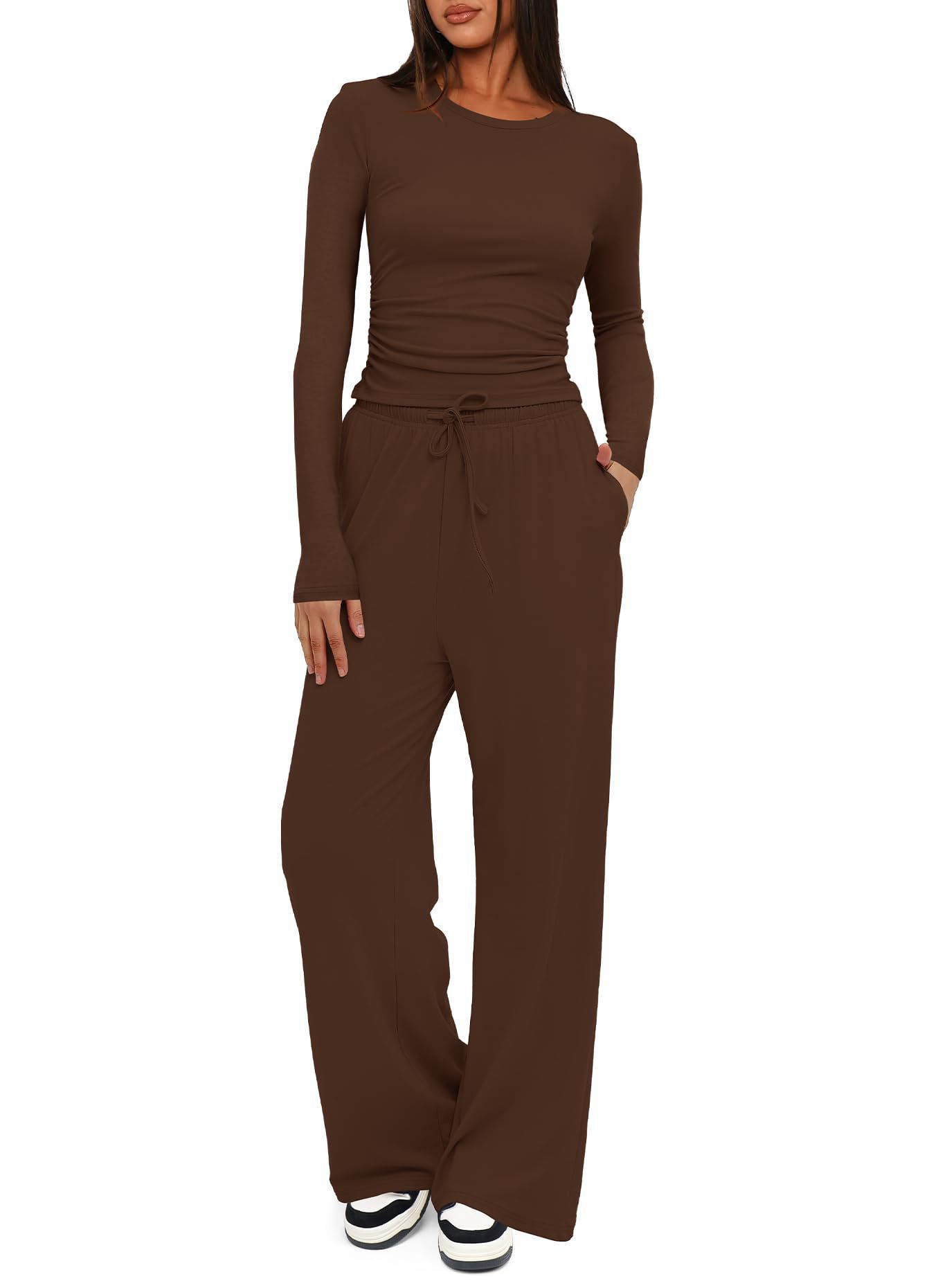 Solid Color Long Sleeve Top & High-Waist Wide-Leg Pants Set