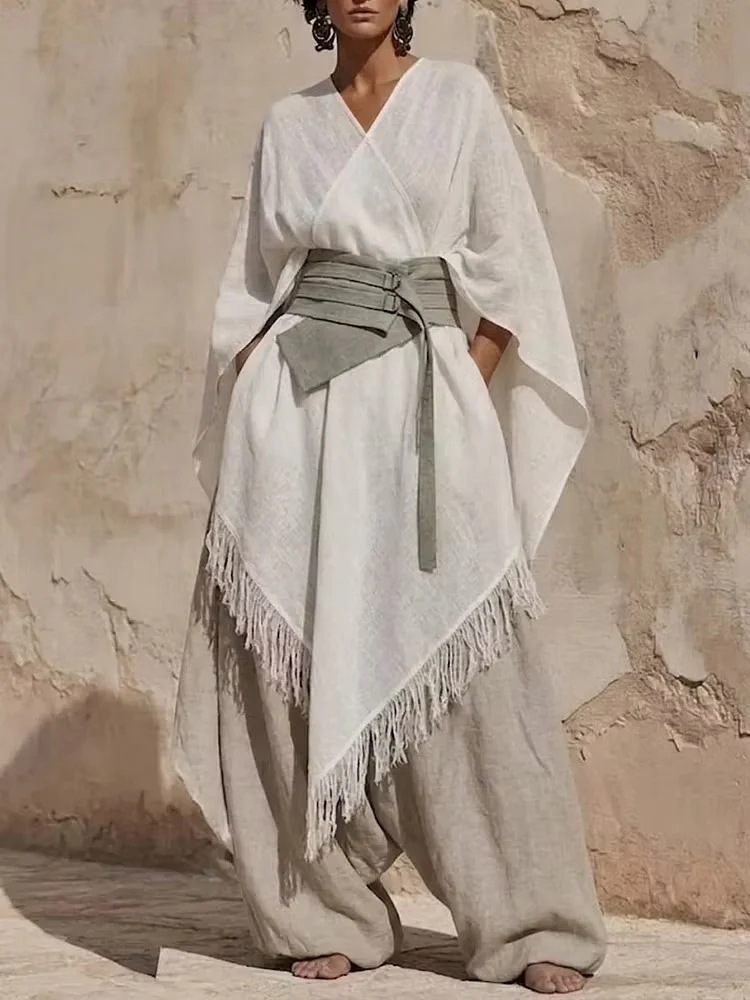 Women's Fringed Cape & Wide-Leg Pants Two-Piece Set
