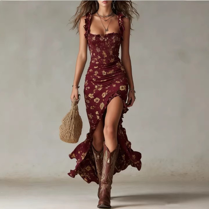 Boho Floral Cami Dress with Ruffle Trim and High Slit
