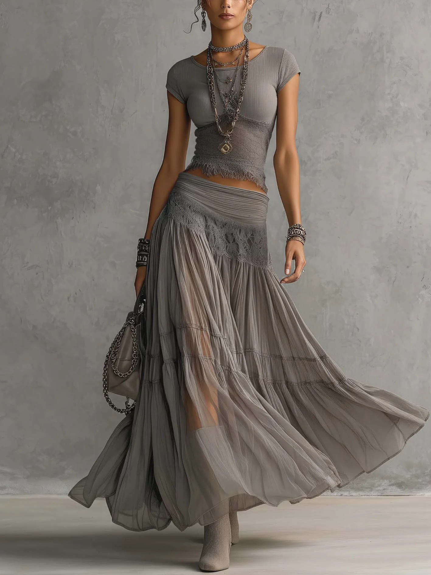 Gray Knit Top and Chiffon Maxi Skirt Two-Piece Set