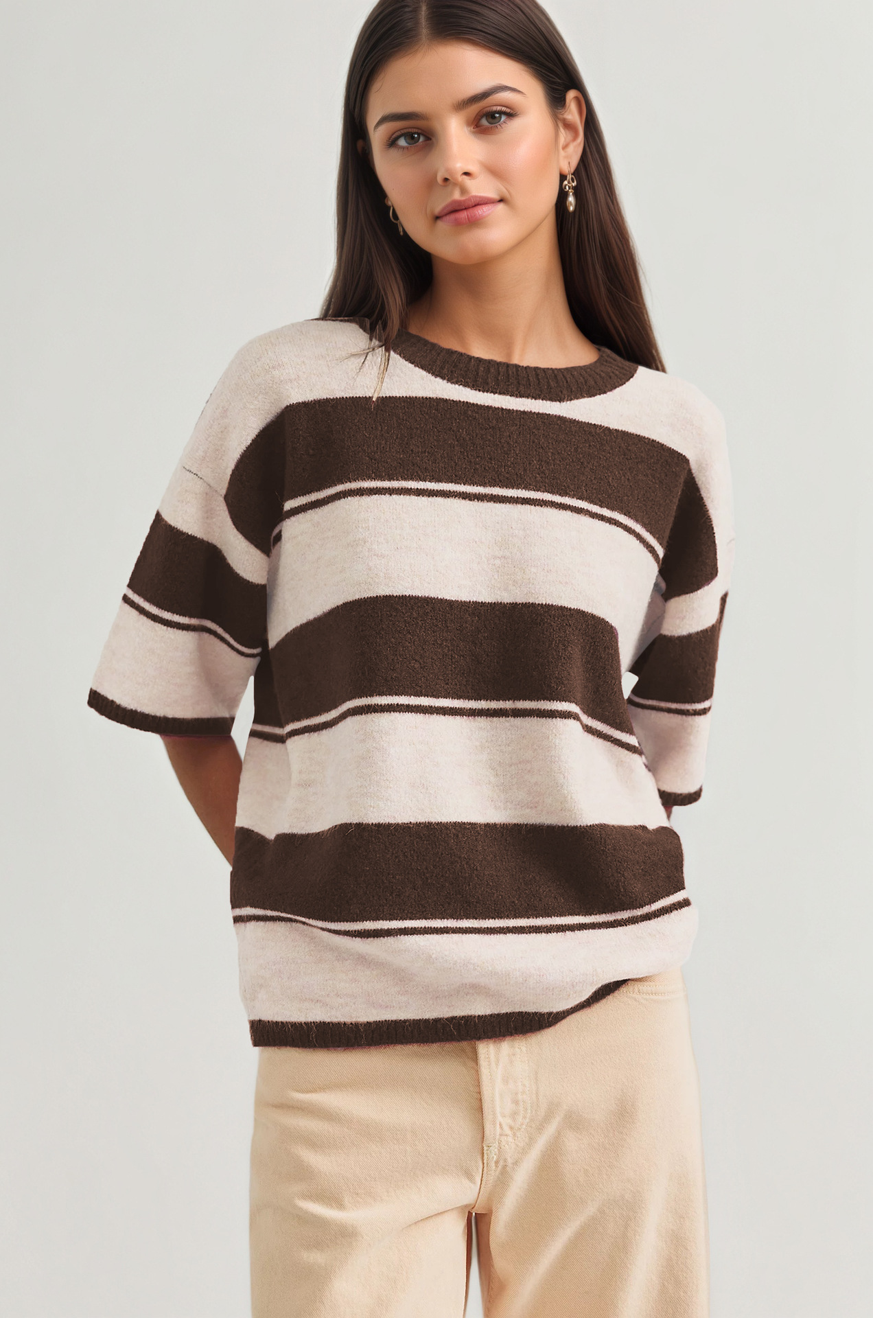 Striped Crewneck Knit Sweater Loose Fit Colorblock Pullover