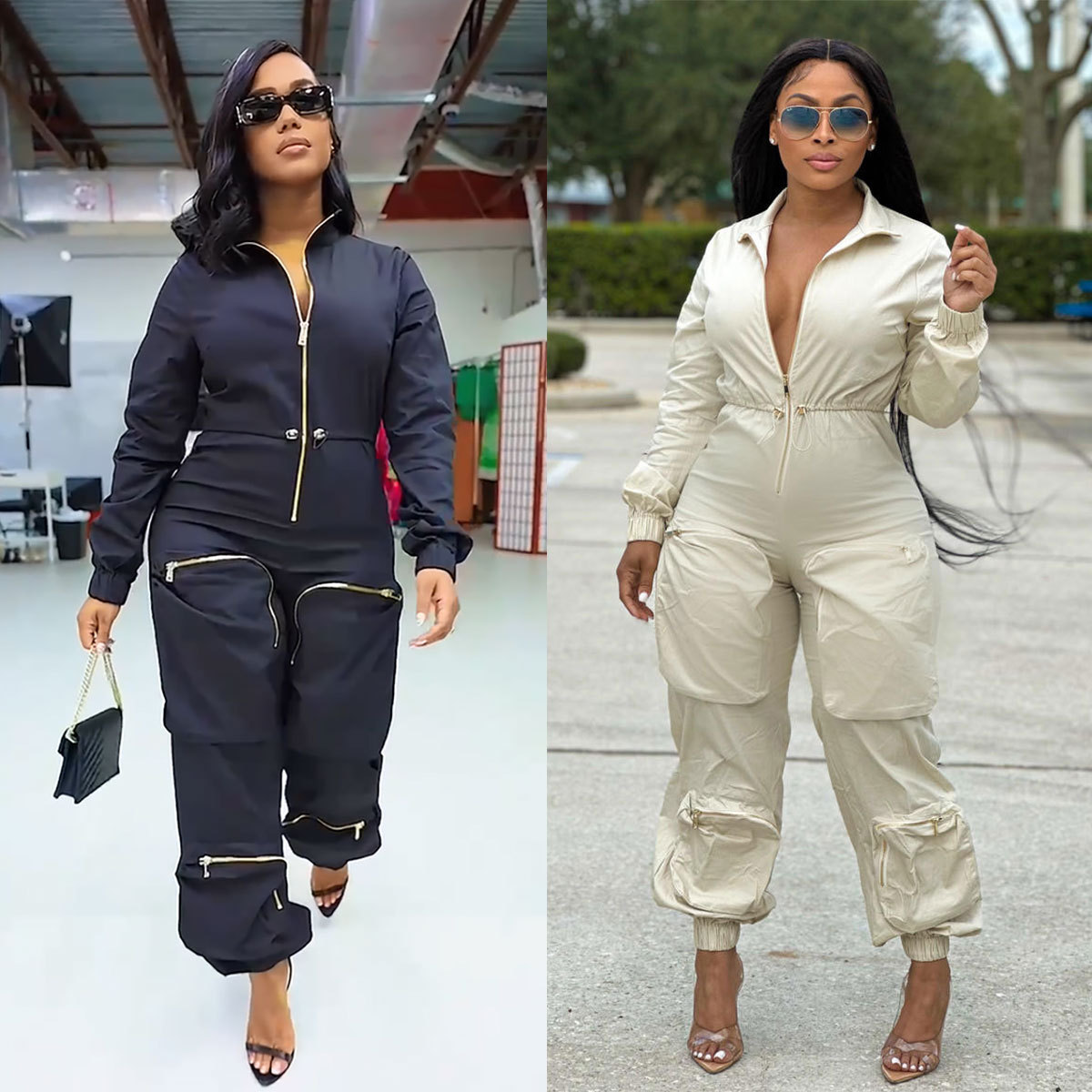 Women's Waist-Cinching Cargo Jumpsuit with Metal Zip and Bread Pockets