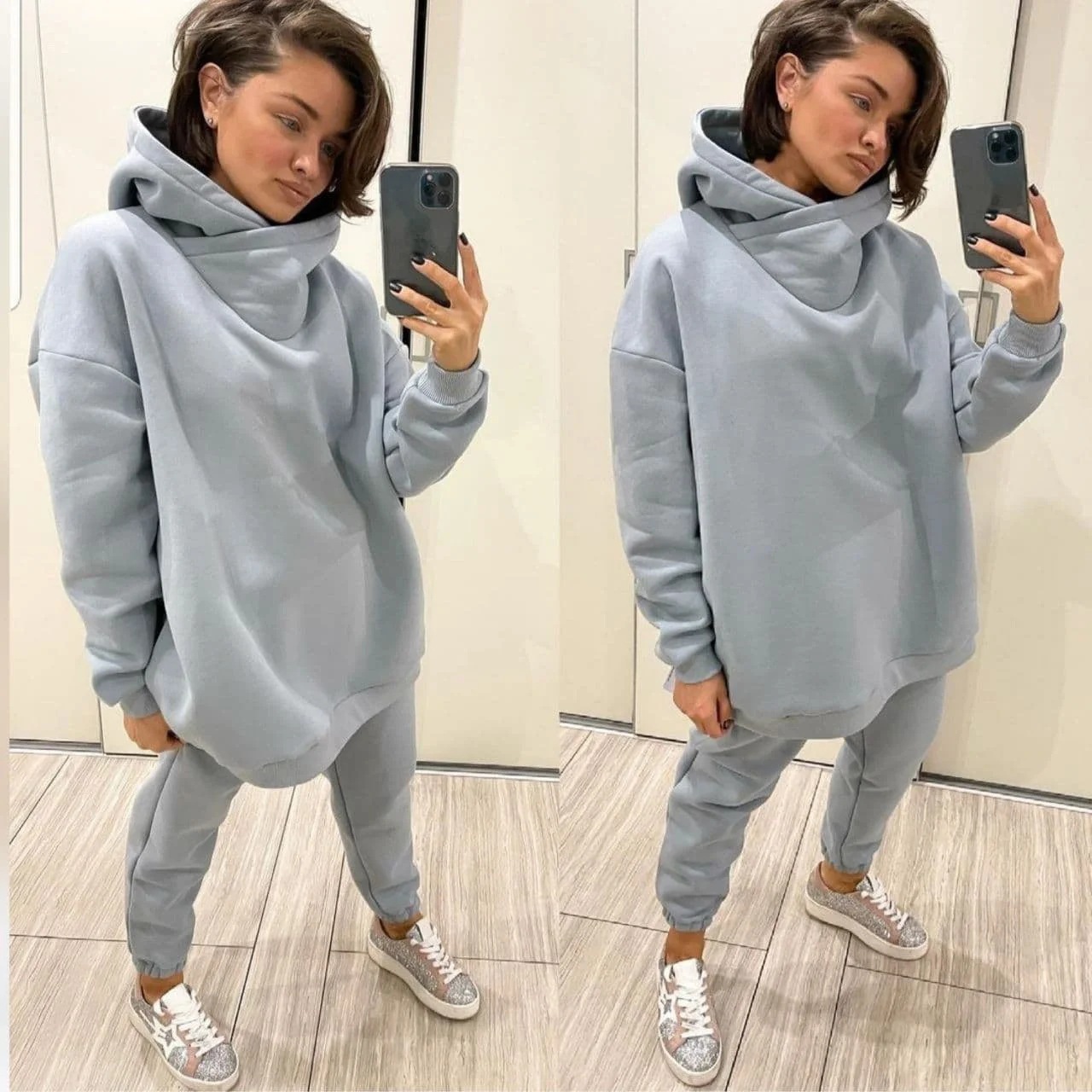 Women's Casual Two-Piece Sweatsuit Set with Drawstring, Polyester, Long Sleeve