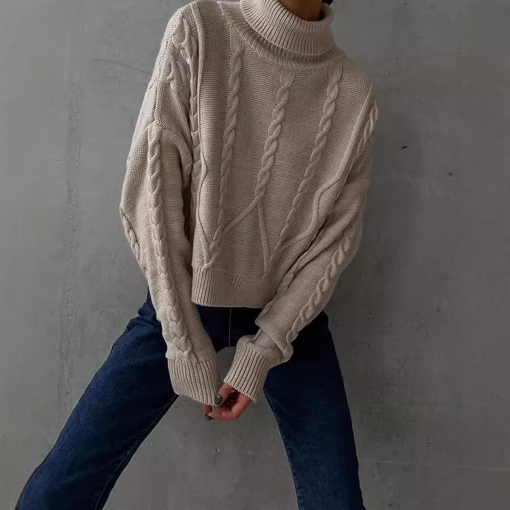 Cable-Knit Turtleneck Pullover Sweater with Diamond Jacquard