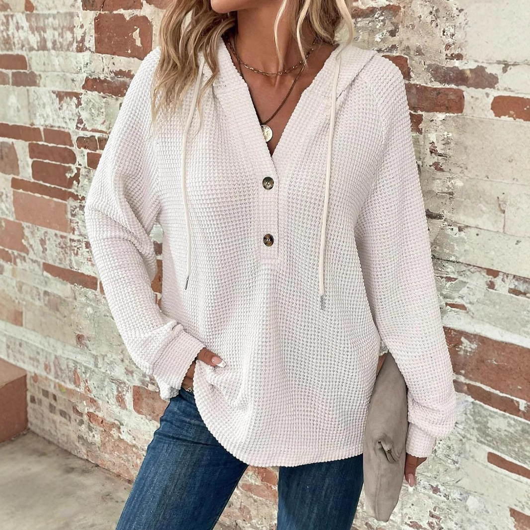 Women's Waffle Knit Drawstring Hoodie Button V-Neck Long Sleeve Pullover