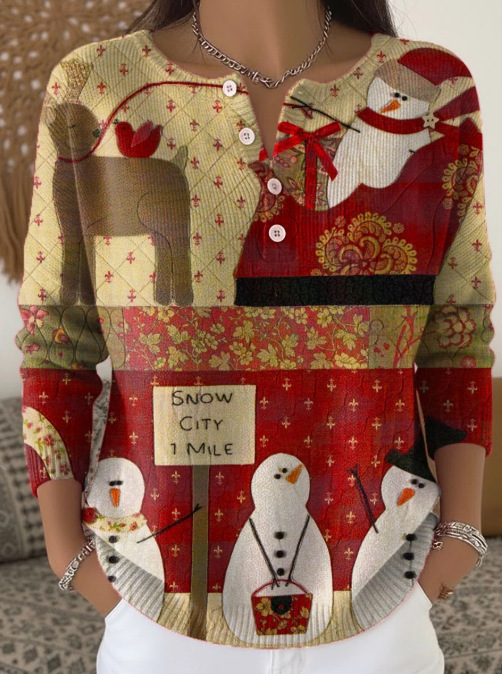 Women's Christmas Tree Snowman Scarf Print Button Sweatshirt