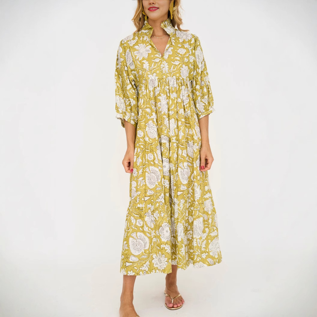 Floral Print Loose V-Neck Long Vacation Dress with Pleated Details