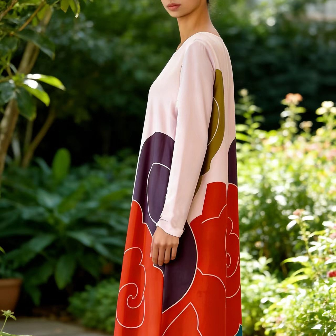 Color-Block Geometric Print Long Dress