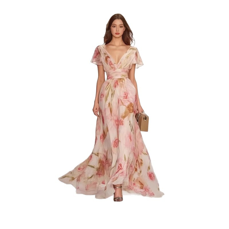 Women's Short Sleeve V-Neck Digital Print Maxi Dress with Elastic Waist