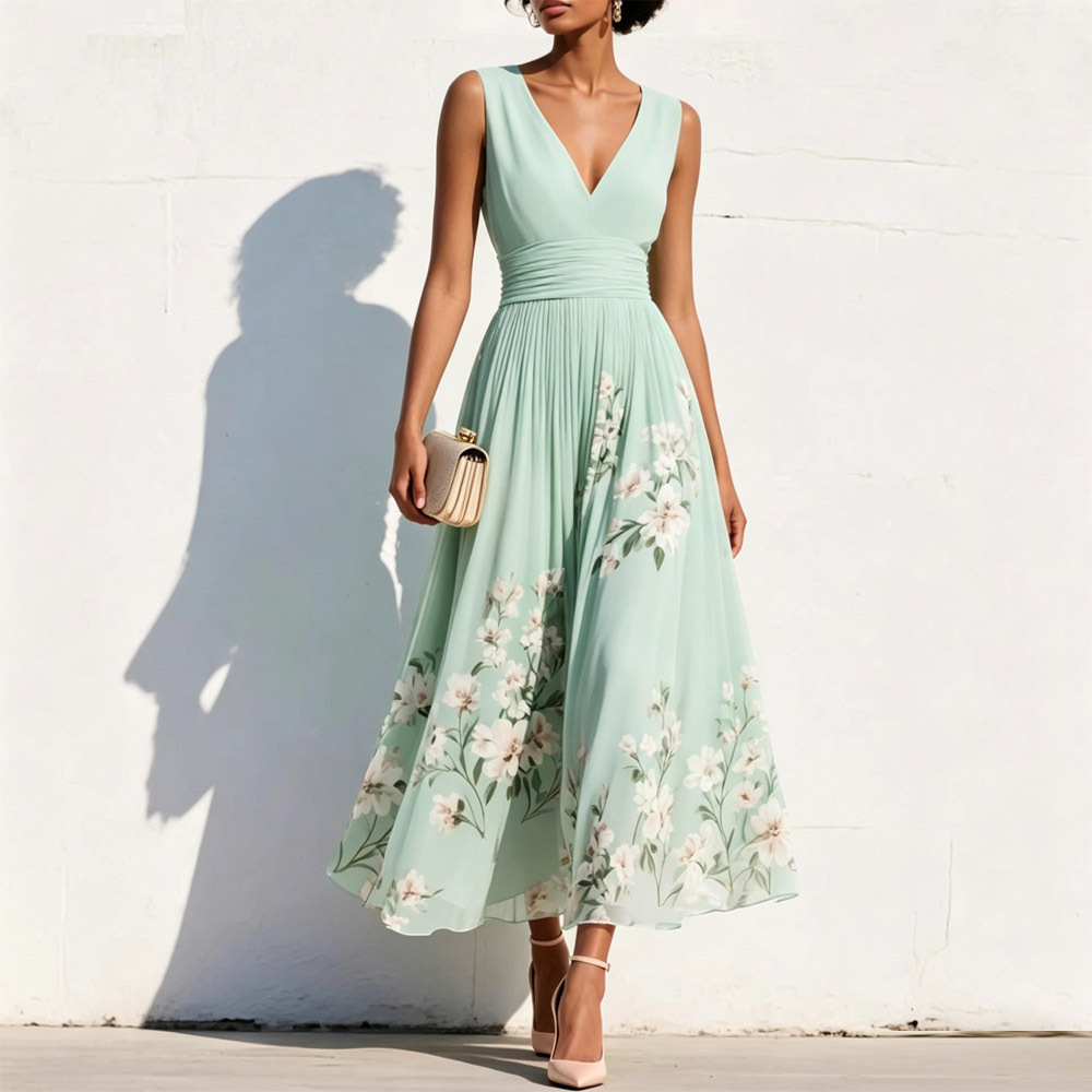 Floral Print Sleeveless V-Neck Pleated A-Line Maxi Dress