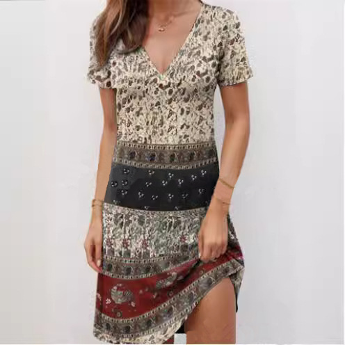 V-Neck Short Sleeve High Waist Geometric Print Midi Dress